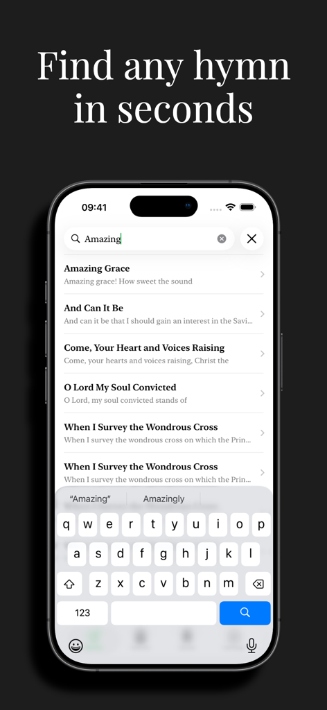 Hymns: Hymn Book - Screenshot of the Hymns app search feature showing a list of traditional Christian hymns including Amazing Grace.