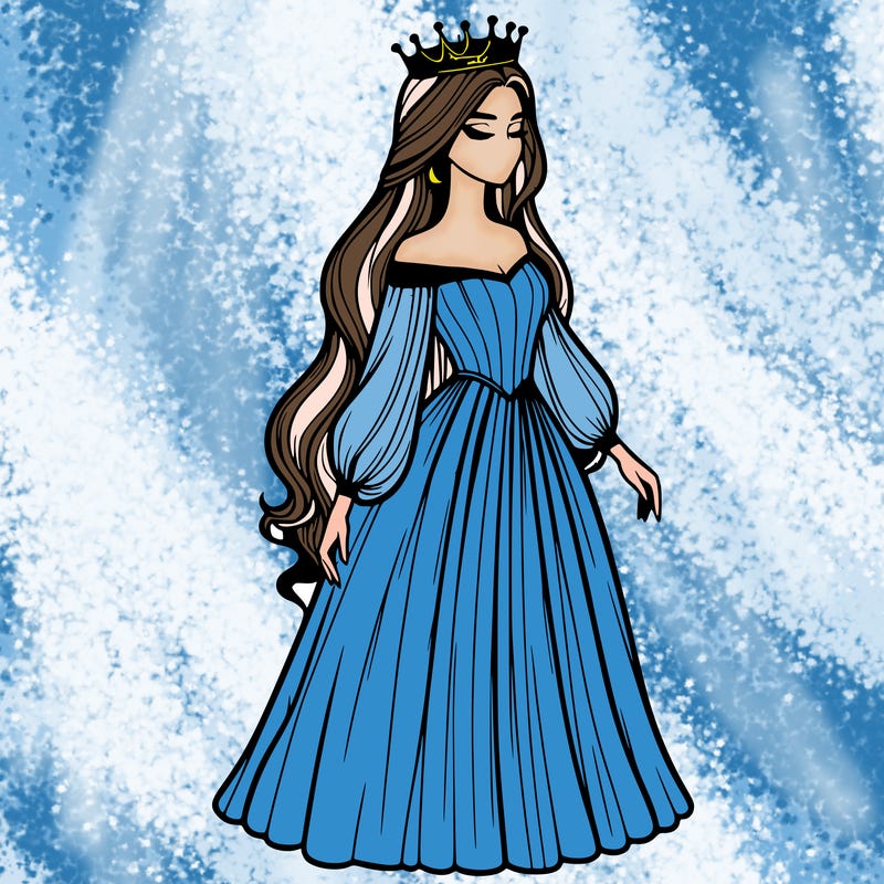 realistic woman with a crown of her head and a long dress