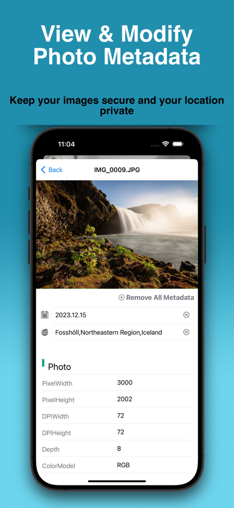 Interface of Auto Blur Faces app showing photo metadata details and options to remove location for privacy
