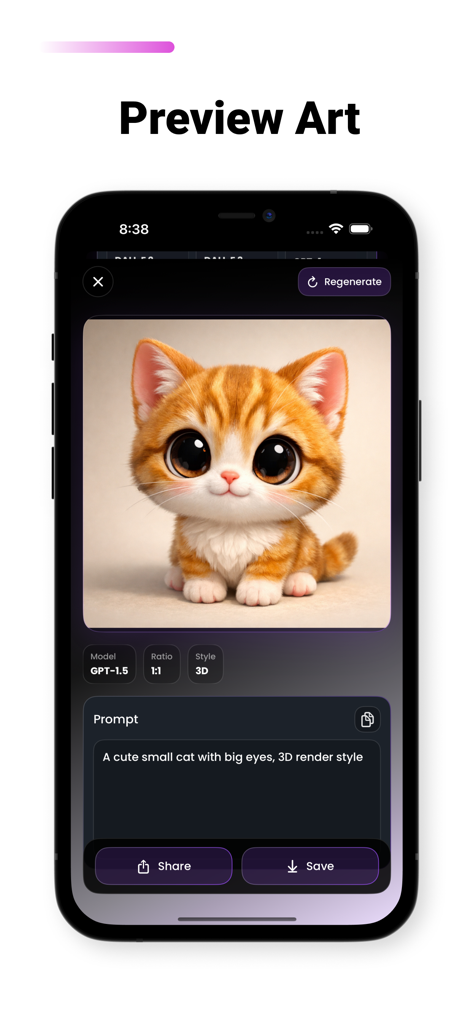 Interface de l'application Galerie IA montrant un rendu 3D d'un chat mignon généré à partir d'un prompt texte