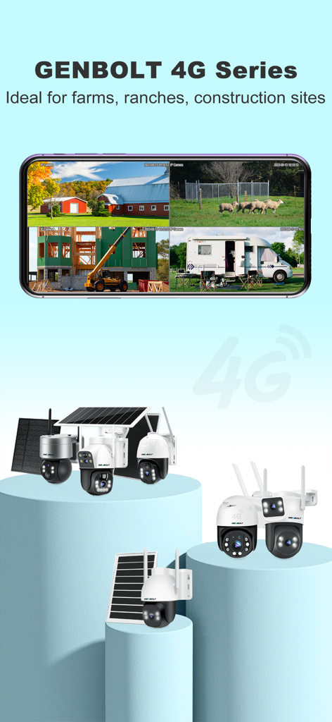 Genbolt 4G series security cameras showing live surveillance feeds of a farm and construction site on a smartphone screen