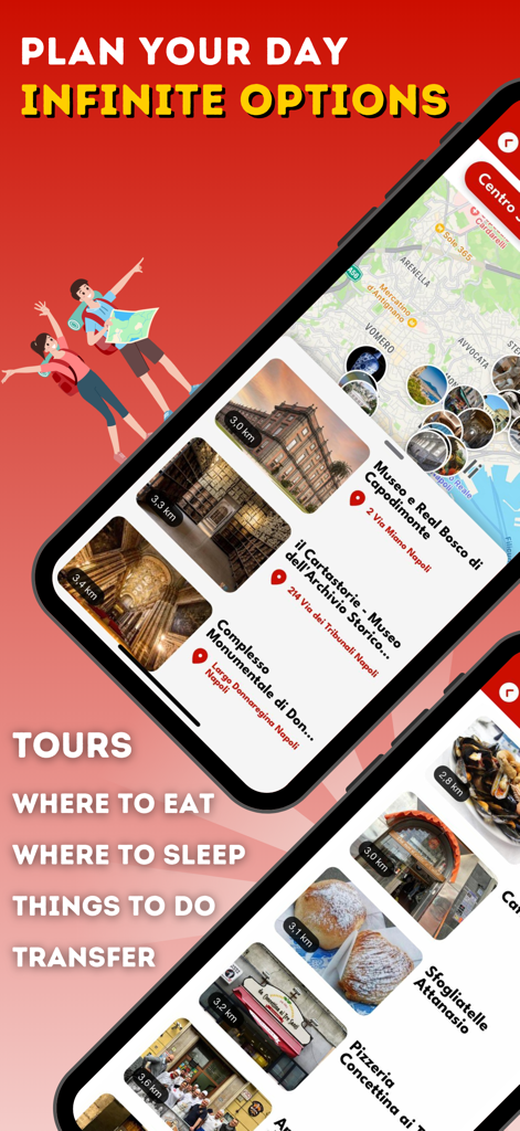 Screenshot dell'app Napoli Pass che mostra la pianificazione delle attrazioni basata su mappe e raccomandazioni di ristoranti locali a Napoli