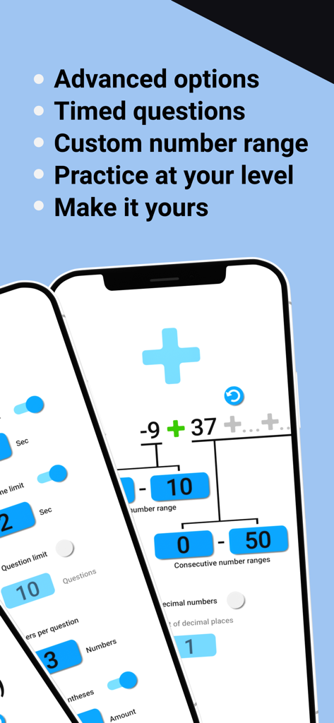Advanced customization settings screen for mental math training including custom number ranges and timed questions