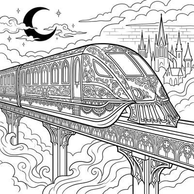 Embark on a captivating coloring journey with this unique Gothic maglev train design. Featuring intricate Victorian details, mysterious gargoyles, and a dramatic cityscape, it's perfect for lovers of dark fantasy and sophisticated art.