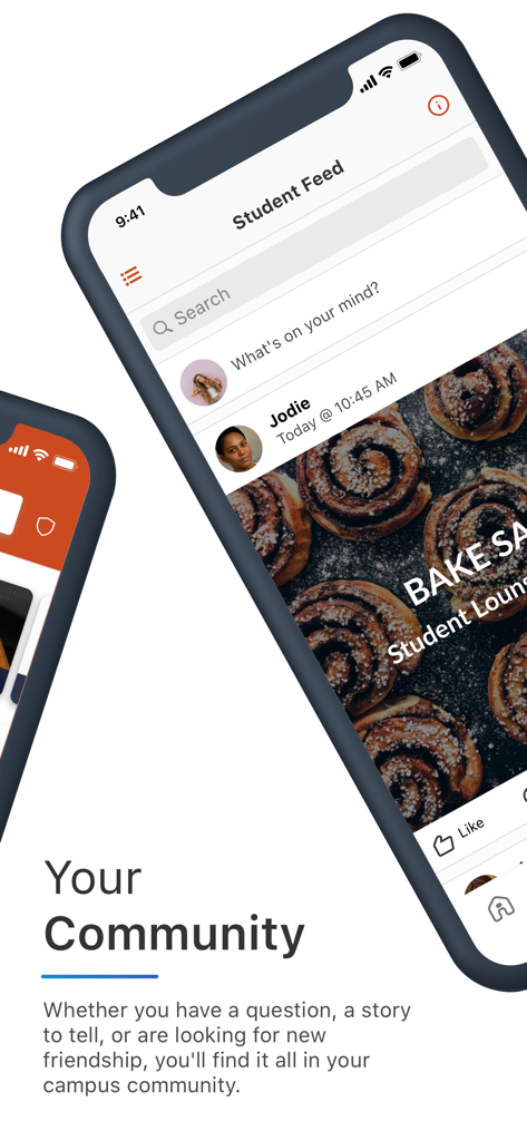 Feed de estudiantes de la aplicación móvil Century College mostrando una publicación de la comunidad del campus sobre una venta de pasteles en el salón de estudiantes