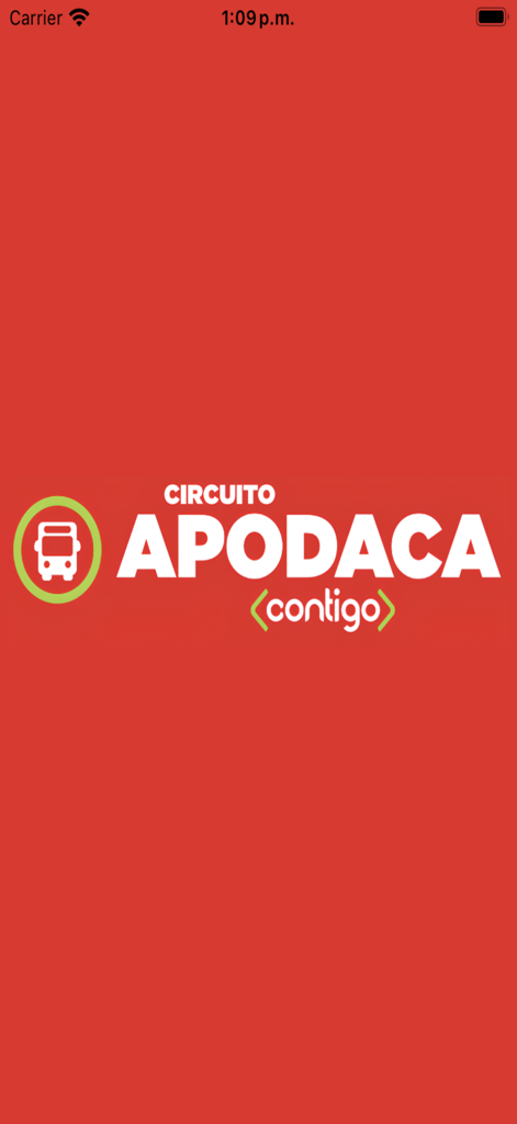 Circuito Contigo - Pantalla de inicio de la aplicación Circuito Contigo con el logo del autobús Circuito Apodaca sobre un fondo rojo