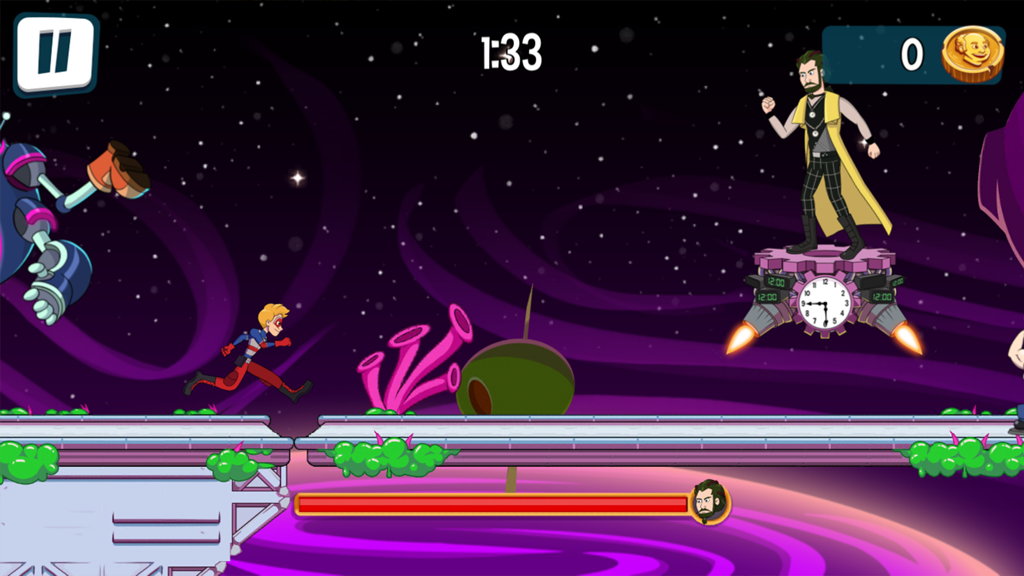 우주 테마의 보스 전투에서 헨리 데인저가 타임 저커 악당을 향해 플랫폼 위를 달리고 있음