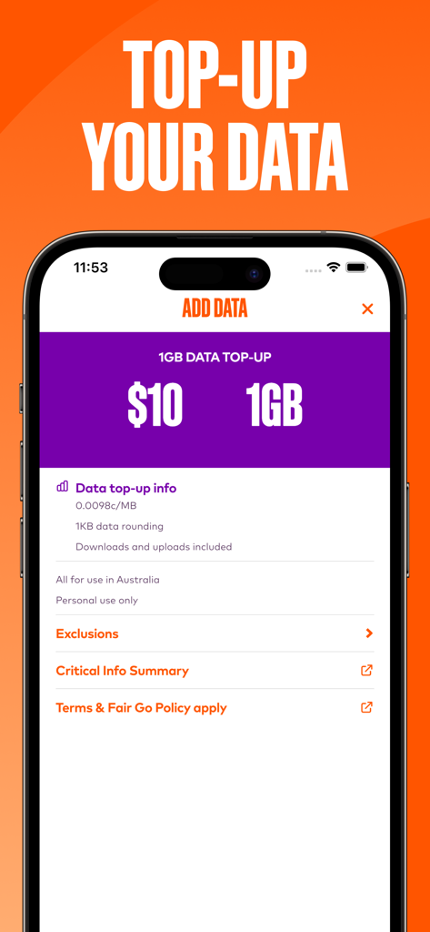 Mobile app interface showing a one gigabyte data top up option for ten dollars
