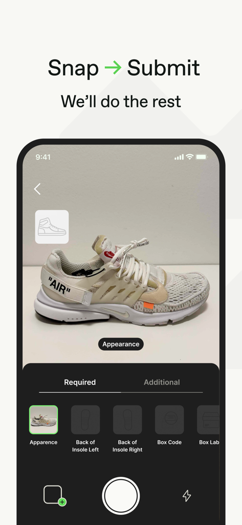Interfaz de la App CheckCheck mostrando el proceso guiado de envío de fotos para la autenticación de zapatillas