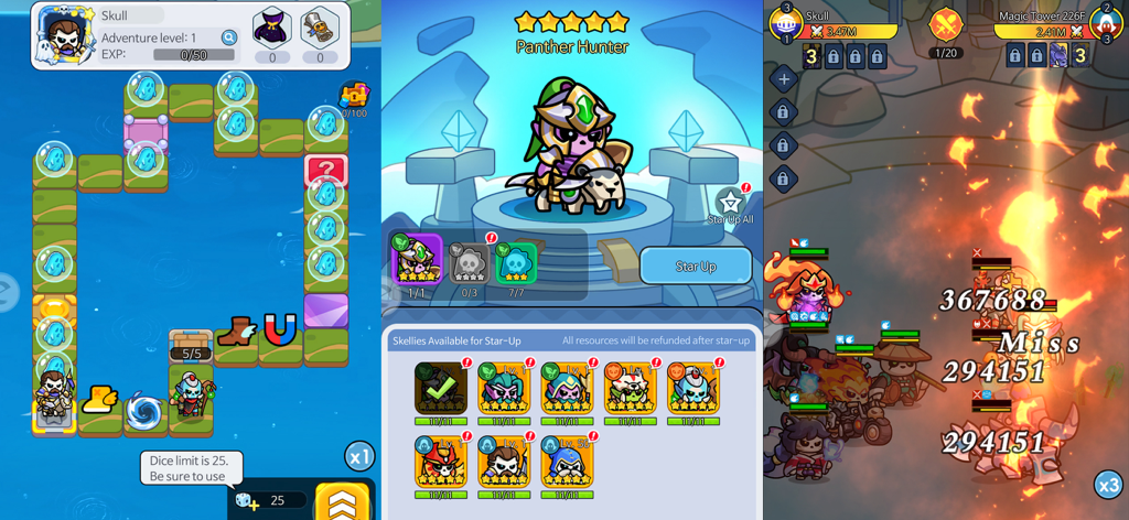 Gameplay screens of Skull Up showing the adventure map character collection and battle mode