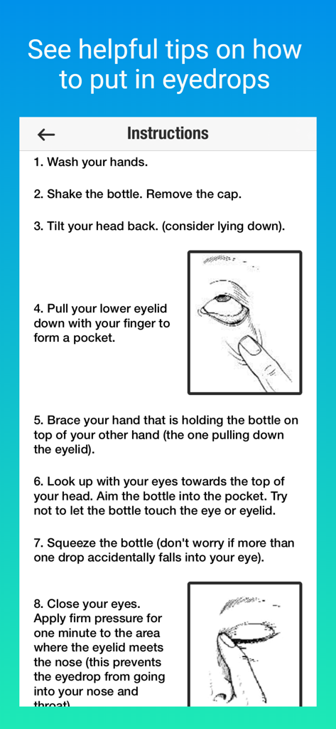 Step by step illustrated guide on how to correctly administer eye drops