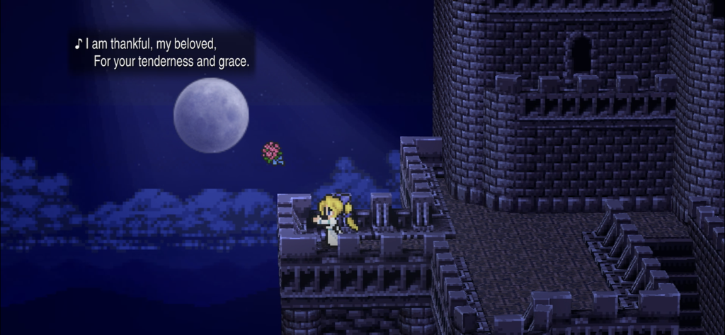 FINAL FANTASY VI - Pixelgrafik von Charakter Celes, die auf einem Schlossbalkon unter einem Vollmond in Final Fantasy VI singt.