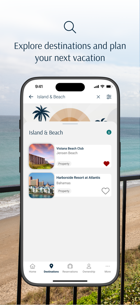The Vistana Signature Experiences app displaying beach destination options and resort details on a smartphone.