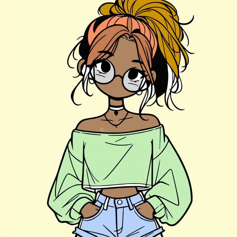 girl with a messy ponytail glasses a baggy crop top and jean shorts