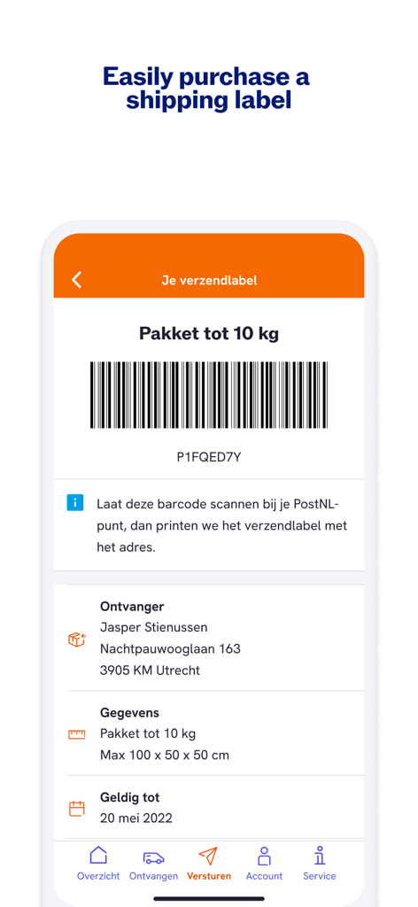 Interfaz de la aplicación PostNL que muestra una etiqueta de envío digital con un código de barras y detalles del paquete