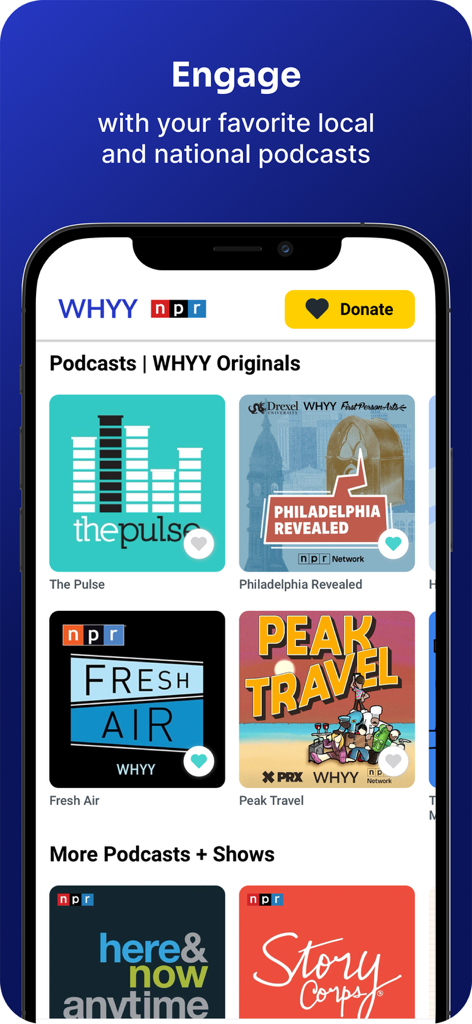 The WHYY Listen app interface displaying a selection of local and national podcasts like Fresh Air and The Pulse