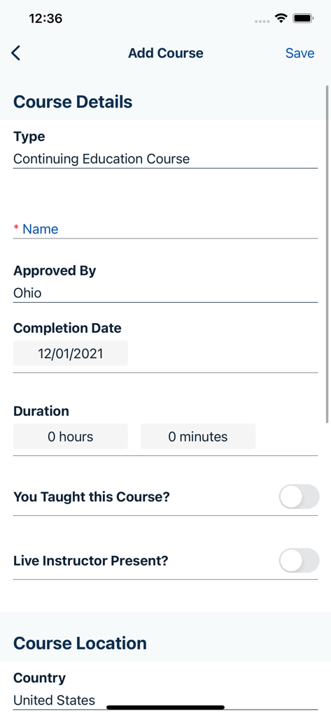 NREMT app interface for adding continuing education course details including type name and completion date