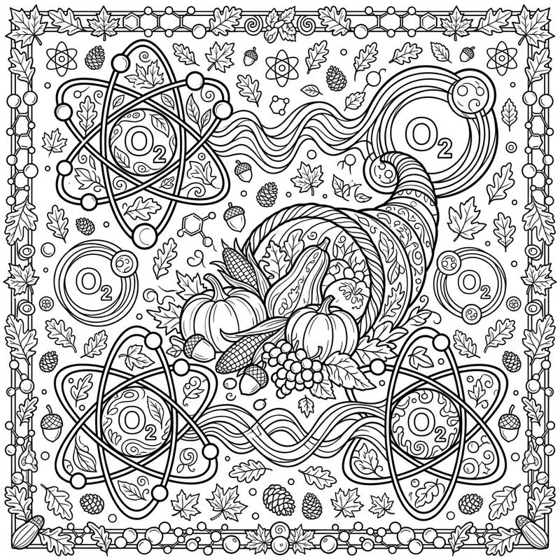 Celebrate Thanksgiving with a scientific twist! This unique coloring page beautifully merges stylized oxygen atoms with a bountiful harvest scene, offering a fresh and engaging creative challenge.