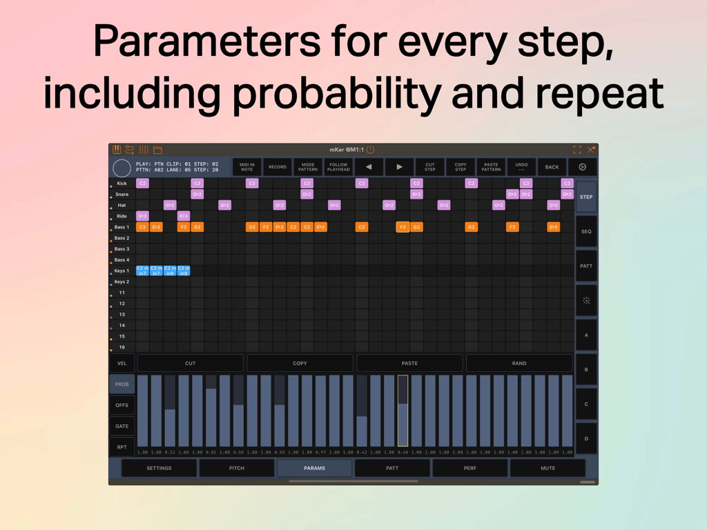 mKer - iPad interface of mKer MIDI sequencer showing step parameters for probability and repeat