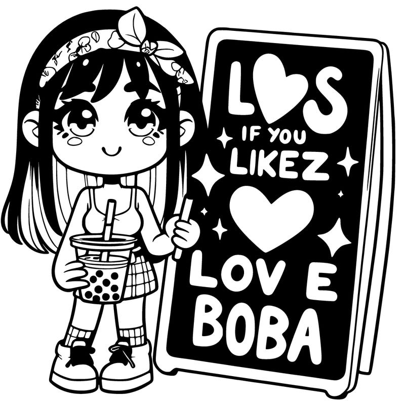 a girl with a boba tea 🧋 next to a sign that says likes if youz love boba