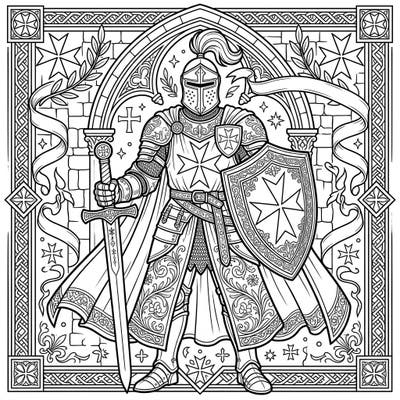 Step into history with this magnificently detailed Knights Hospitaller coloring page, designed specifically for adult enthusiasts. Explore the intricate armor, heraldry, and gothic architecture awaiting your artistic touch.
