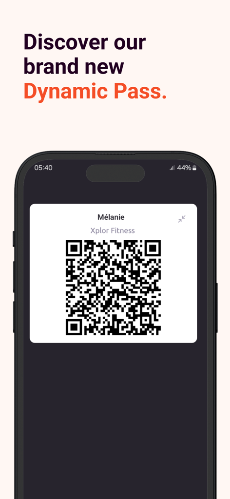 Xplor Active - Aplicativo Xplor Active exibindo um código QR de passe dinâmico digital para entrada na academia