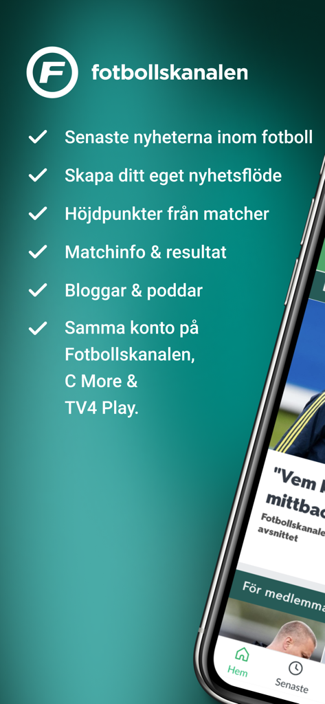 Fotbollskanalen - Una lista de las características de la aplicación Fotbollskanalen que incluyen noticias de fútbol, resúmenes de partidos, marcadores y blogs.