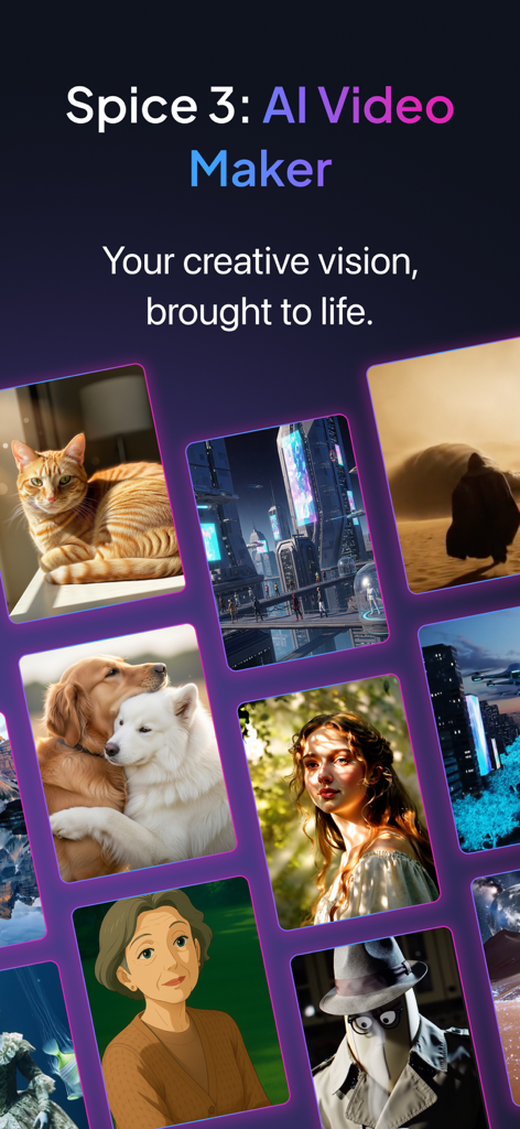 Spice: AI Video Maker & More - Spice AI Video Maker app interface displaying a gallery of diverse AI generated content including animals, futuristic cities, and portraits.