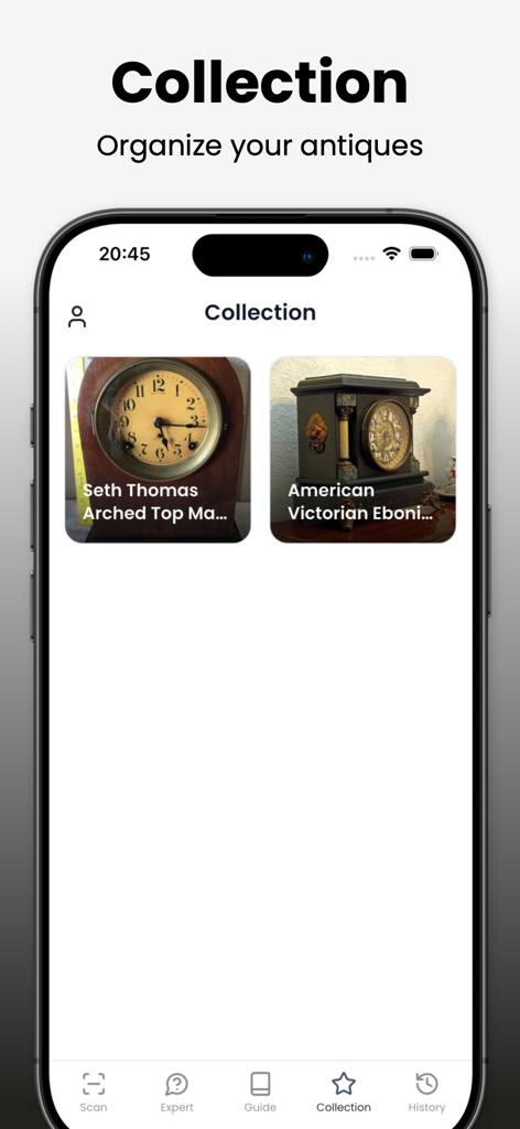 Antique Identifier app screen displaying a personal collection of identified vintage clocks