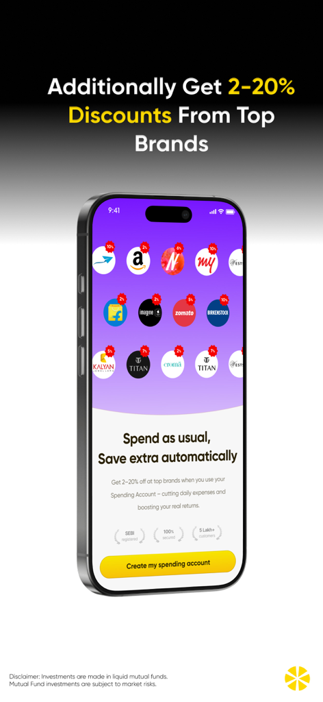Multipl: Spending Account - Multipl app interface displaying brand logos with various discount percentages for a spending account