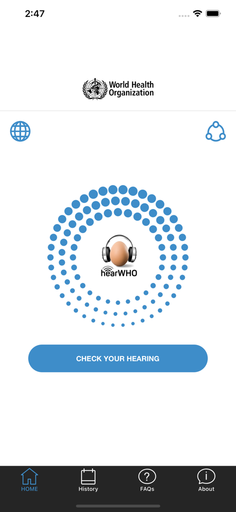 hearWHO - Check your hearing! - Home screen of the hearWHO app by the World Health Organization with a button to start a hearing test.