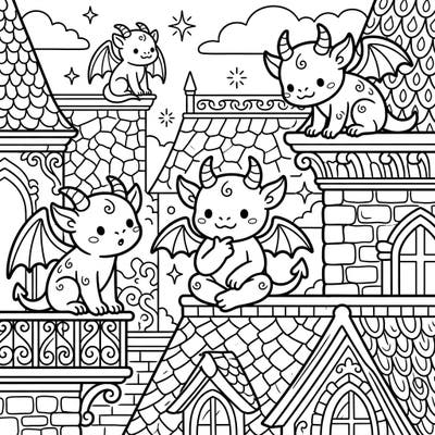 Unleash your creativity with these charming kawaii gargoyles, ready to be brought to life with your favorite colors. Find three delightful little monsters perched on detailed rooftops, waiting for your artistic touch.