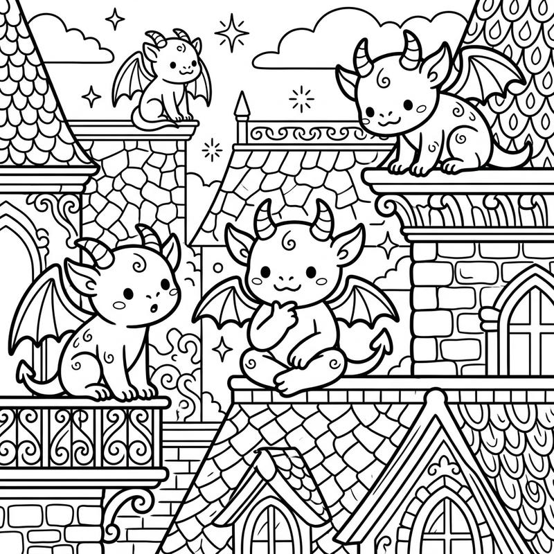Unleash your creativity with these charming kawaii gargoyles, ready to be brought to life with your favorite colors. Find three delightful little monsters perched on detailed rooftops, waiting for your artistic touch.