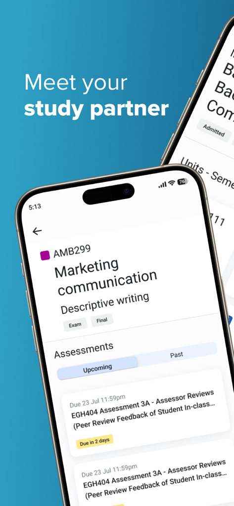 QUT app interface showing student course details and assessment deadlines