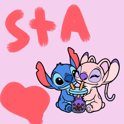 kawai stitch and angel drinking boba