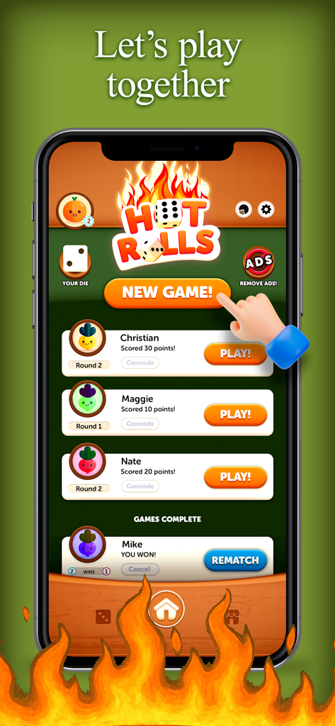 Hot Rolls dice strategy game menu with multiplayer match options and a new game button