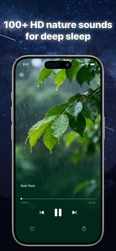 Sleep Sound: Relax White Noise - Interface of Sleep Sound app playing rain sounds for deep sleep.