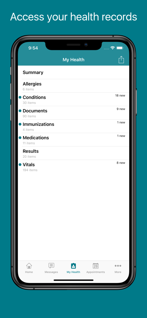 Screenshot of the FollowMyHealth app My Health screen showing a summary of medical records including allergies, conditions, medications, and test results.