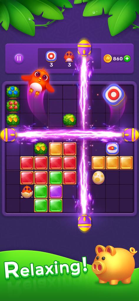 Pantalla de juego de puzles de bloques Jewel Blast mostrando gemas coloridas en una cuadrícula con efectos de explosión y una hucha dorada