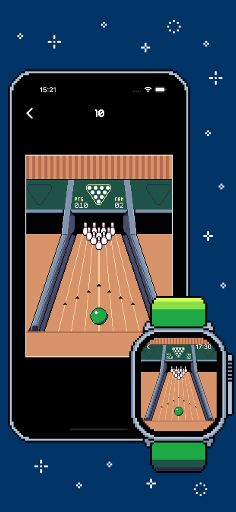 Jogo retrô de boliche em pixel art chamado RainBowling exibido em um iPhone e um Apple Watch Ultra