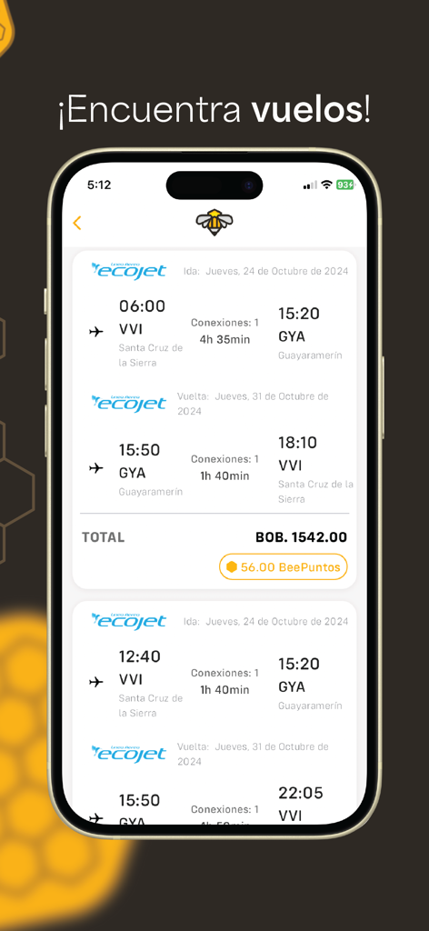 BeePay - Interfaz de la aplicación BeePay que muestra resultados de búsqueda de vuelos y puntos de recompensa ganados