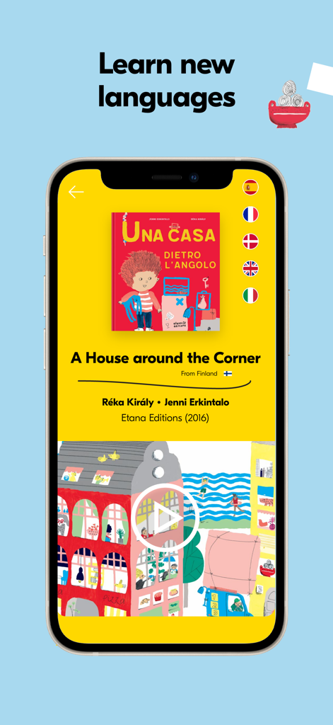 PIBOCO: kids books and stories - Interface of the PIBOCO app showing a children's book with multiple language selection options represented by national flags.