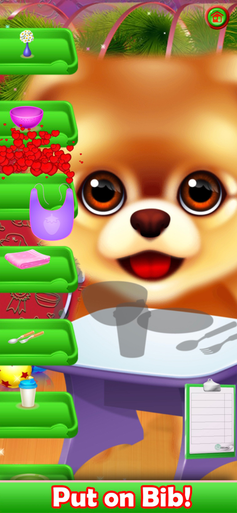 Pet Puppy Nursery Time - Um filhote de Pomerânia fofo esperando por uma babador no jogo Pet Puppy Nursery Time