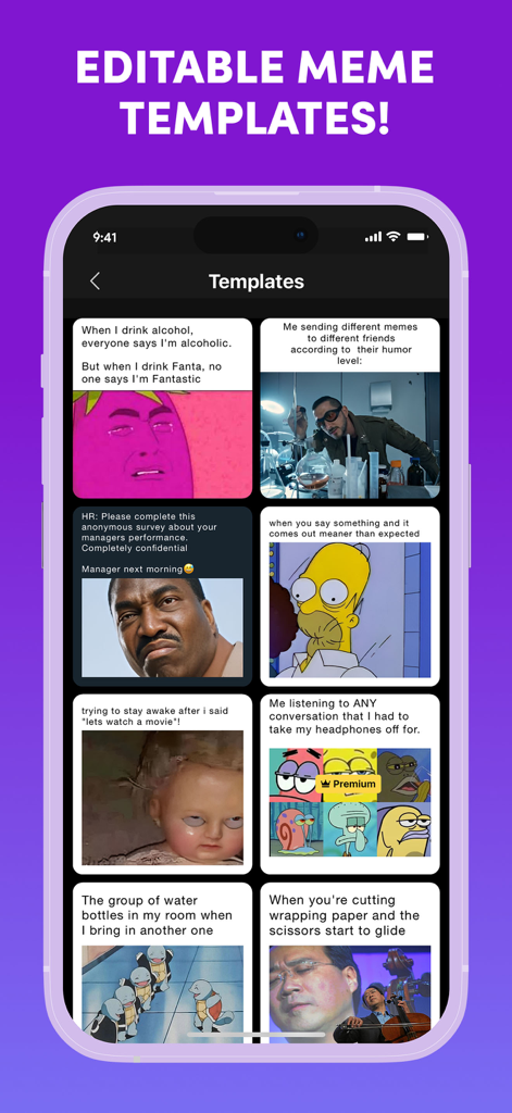 Memes.com Meme Maker Generator - Ein Smartphone-Bildschirm, der ein Raster beliebter und trendiger bearbeitbarer Meme-Vorlagen innerhalb der App-Oberfläche zeigt.