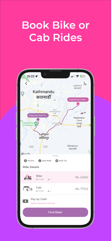 Tootle app interface showing bike and cab ride booking options on a Kathmandu map.
