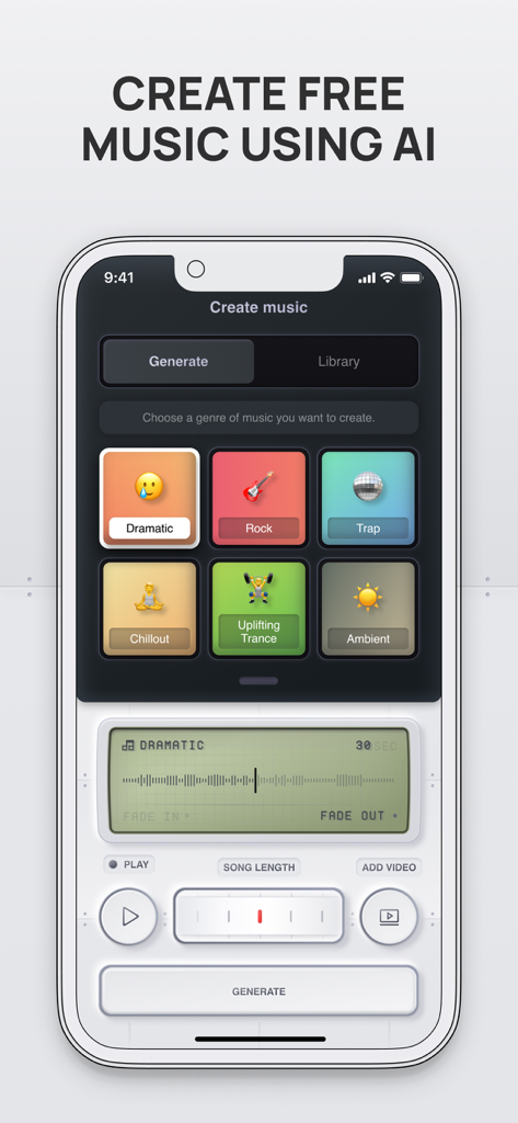 A.I. Music Generator - Tela de smartphone exibindo um aplicativo de criação de música A.I. com botões de gênero musical e controles de geração.