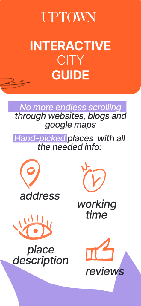 UPTOWN - map of places in town - UPTOWN interactive city guide app interface highlighting features like hand-picked places and reviews