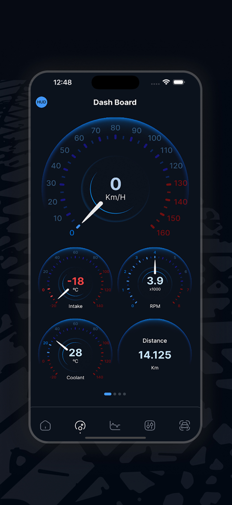 Panel de diagnóstico del coche mostrando medidores en tiempo real de velocidad, temperatura de admisión, RPM y niveles de refrigerante