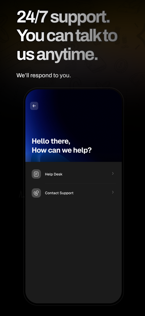 PocketMoni - Interfaz de la aplicación PocketMoni que muestra opciones de soporte al cliente 24/7 con mesa de ayuda y botones de contacto
