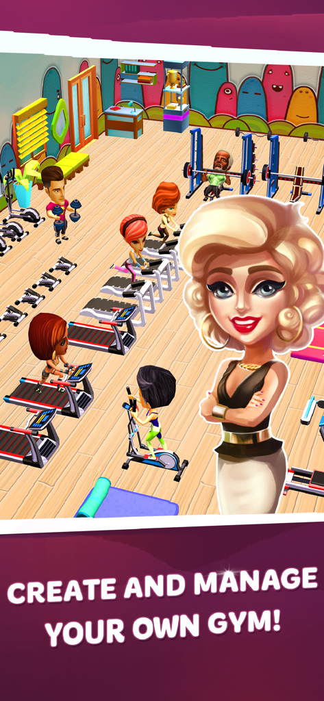 Una simulación de gimnasio 3D que muestra varias máquinas de fitness y personajes haciendo ejercicio